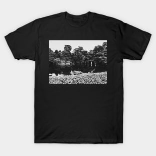 Black and White Shot of Bridge in Large Japanese Garden T-Shirt